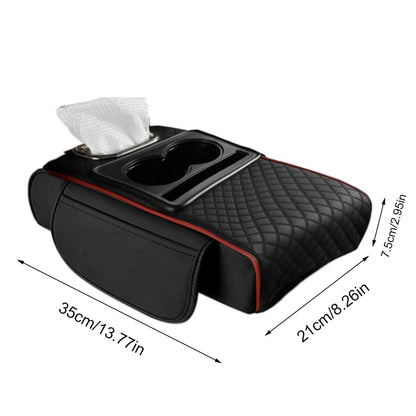 COMFORT black quilted faux leather car center console organizer with 2 cup holders, tissue box slot, and side pockets.