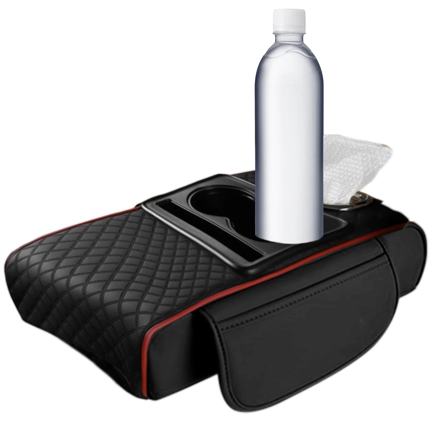 COMFORTH black quilted faux leather car console organizer with cup holders and tissue box slot, red trim