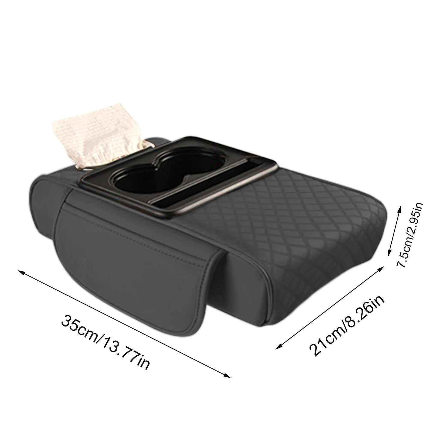 COMFORT black quilted faux leather car center console organizer with two cup holders and tissue box slot