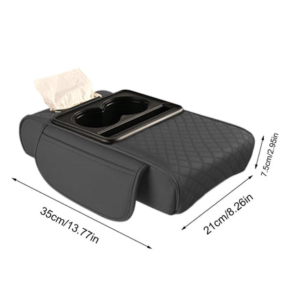 COMFORT black quilted faux leather car center console organizer with two cup holders and tissue box slot