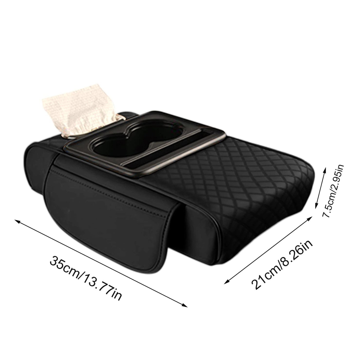 COMFORT black quilted faux leather car center console organizer with 2 cup holders and tissue box slot