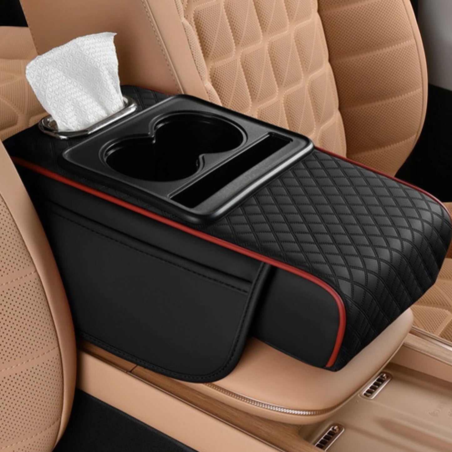 COMFORT black quilted faux leather car console organizer with cup holders, tissue box slot, and side pockets.