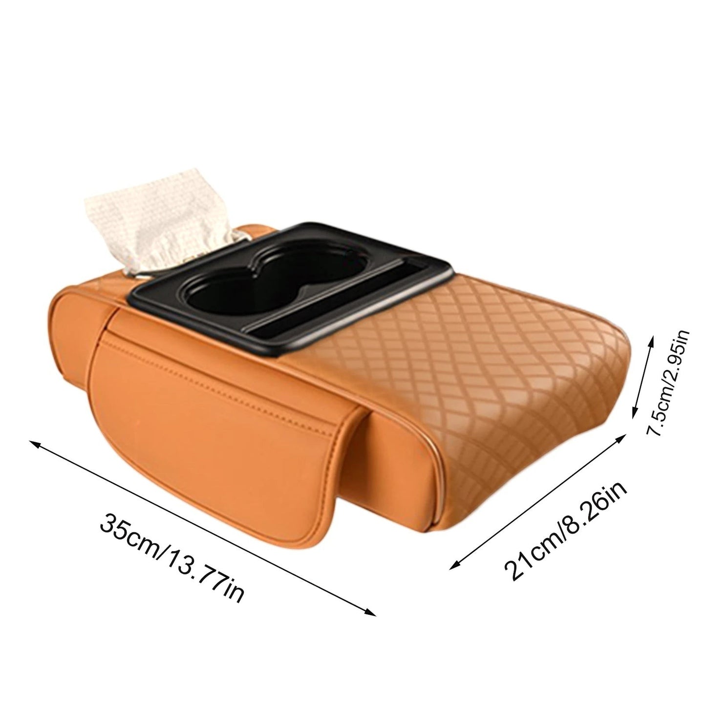 COMFORT brown quilted faux leather car center console organizer with two cup holders and tissue box slot