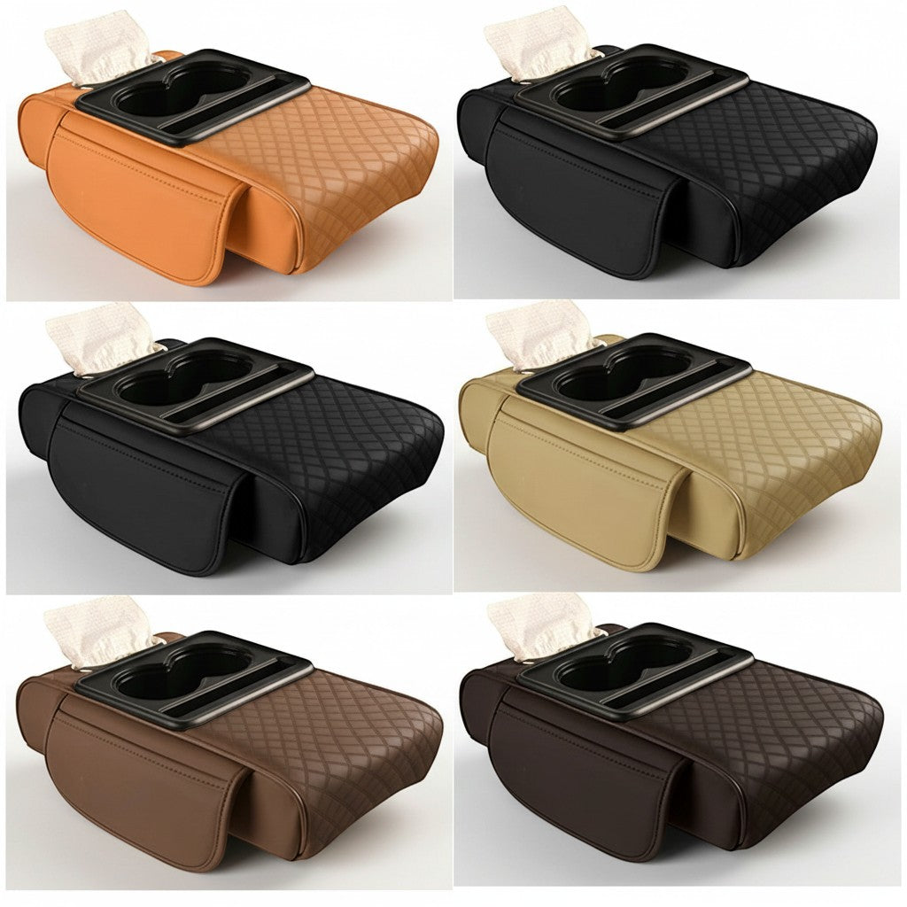 COMFORT quilted faux leather car center console organizer with 2 cup holders and tissue box slot, available in orange, black, beige, brown