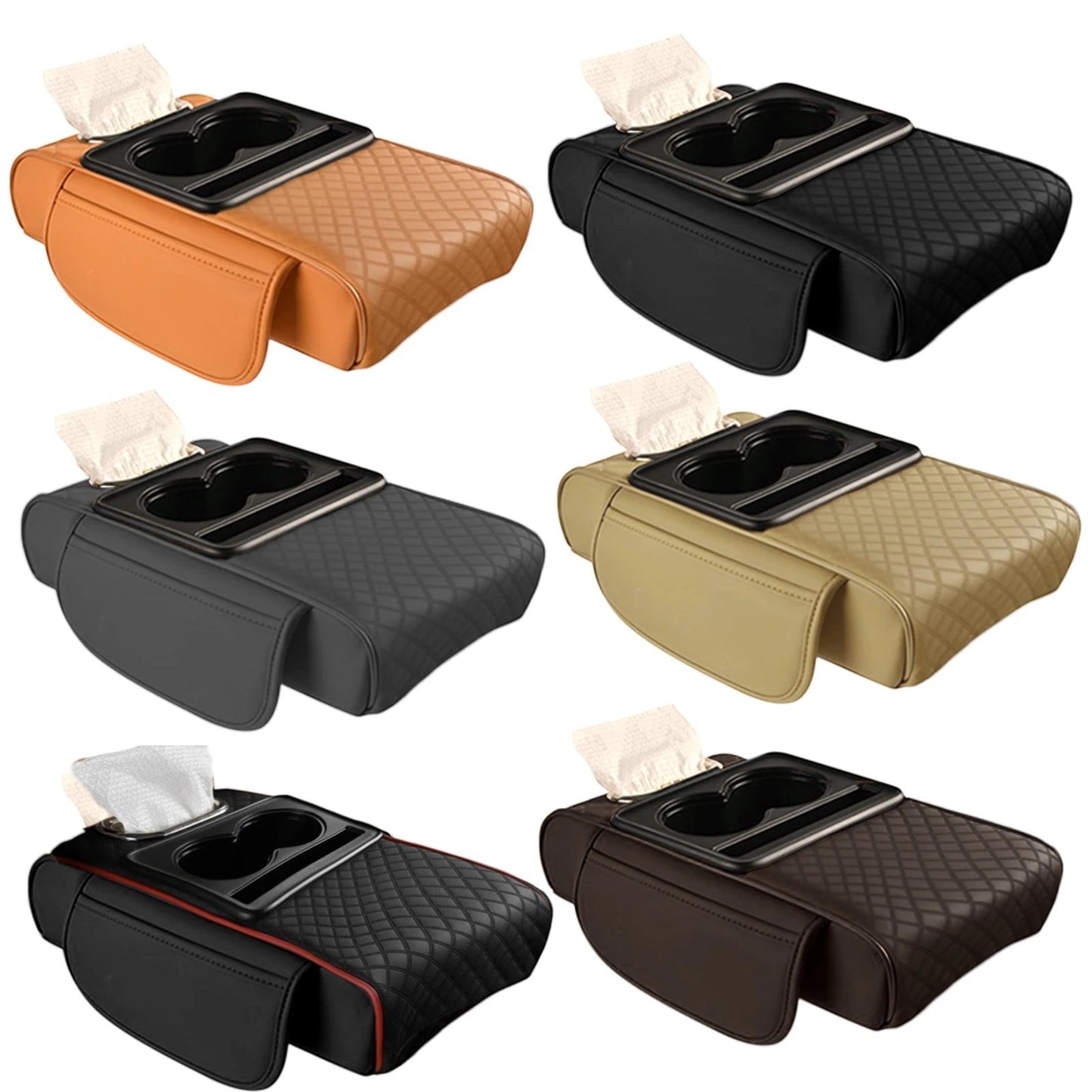 COMFORT car center console organizer with two cup holders, tissue box holder, and side pockets, made of quilted faux leather in various colors.