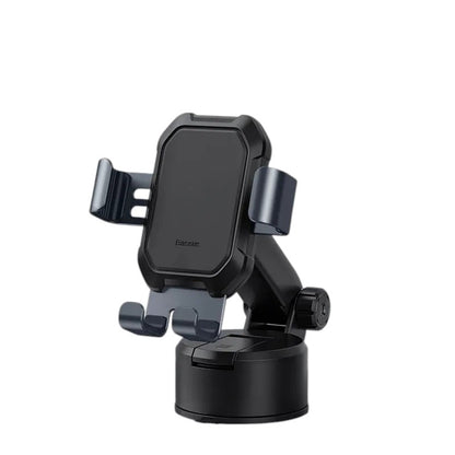 COMFORT black ABS and metal gravity car phone holder mount with adjustable arm and secure clamp.