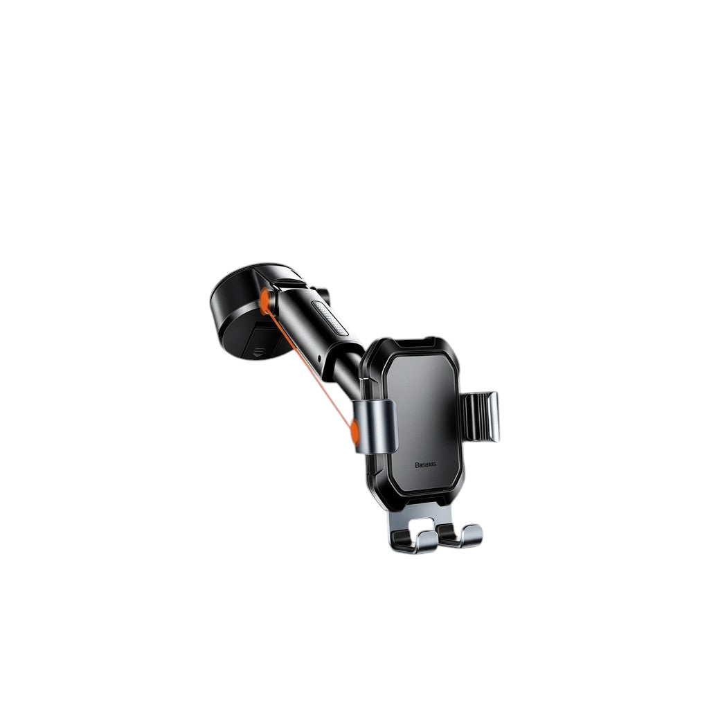 COMFORT black gravity car phone holder mount with adjustable arm and secure clamp. Made of ABS and metal.