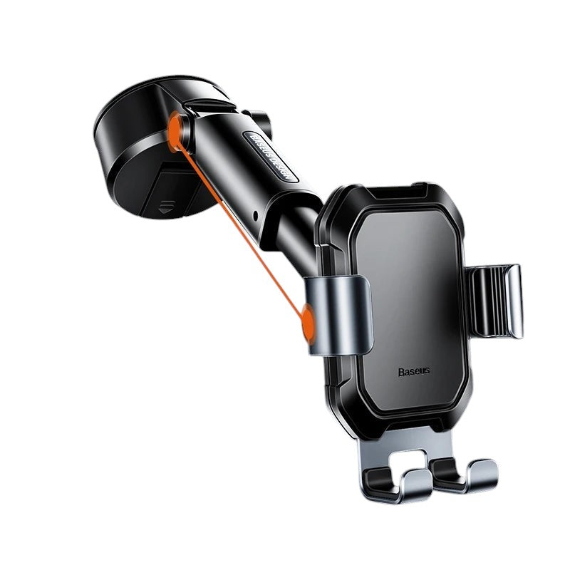 COMFORT black ABS and metal gravity phone mount with adjustable arm and secure clamp for car dashboards.