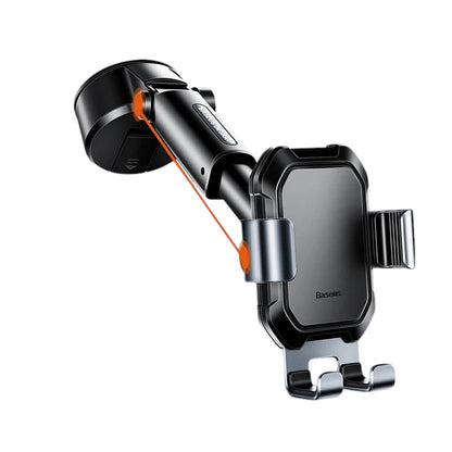 COMFORT black ABS and metal gravity phone mount with adjustable arm and secure clamp for car dashboards.