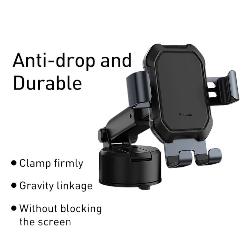 COMFORT black ABS and metal car phone holder mount with gravity linkage and anti-drop features.