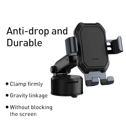 COMFORT black ABS and metal car phone holder mount with gravity linkage and anti-drop features.