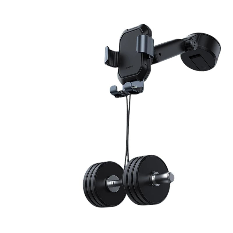 COMFORT black ABS and metal gravity linkage car phone holder mount with adjustable arm and anti-drop features.