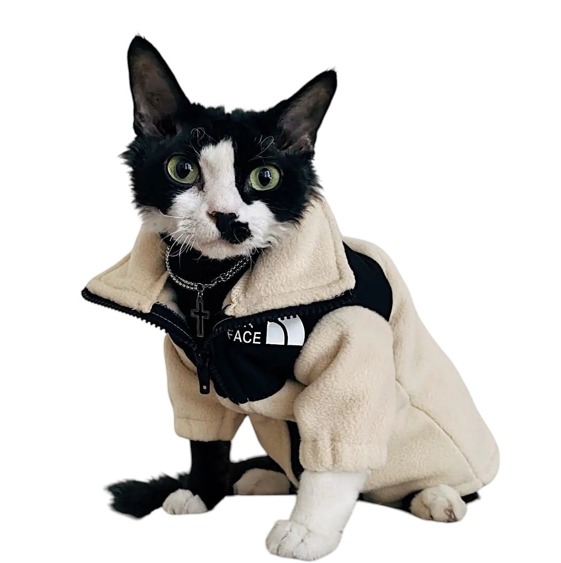 COMFORTH cat wearing a cream and black fleece jacket with a high collar and zipper closure.