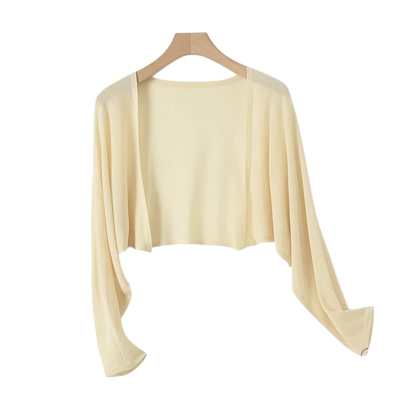 COMFORT cream knitted ice silk long sleeve cover-up cardigan with loose fit and open front.