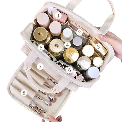 COMFORT cream PU leather travel makeup bag organizer with gold zipper, mesh dividers, and brush holder.