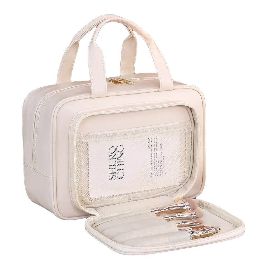 COMFORT cream PU leather travel makeup bag organizer with gold zipper and brush holder