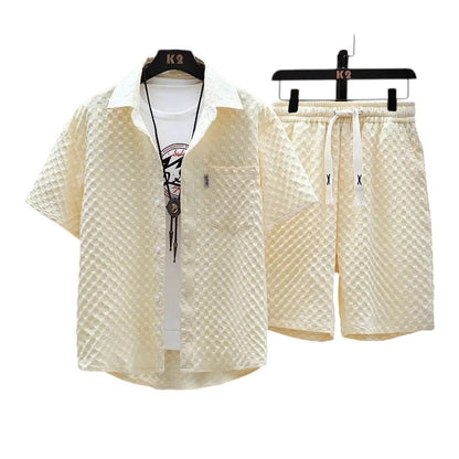 COMFORTH Men's cream textured short sleeve shirt and shorts set with diamond pattern, elastic waistband, and drawstring.