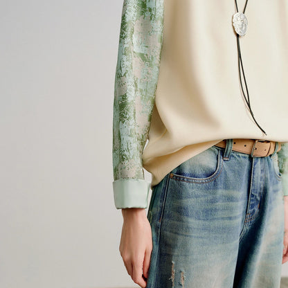 COMFORTH crew neck sweatshirt in cream cotton blend with textured sage green contrasting sleeves and ribbed cuffs.