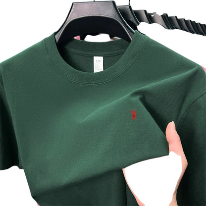 COMFORT crew neck short sleeve t-shirt in dark green cotton blend with red embroidered logo on chest.