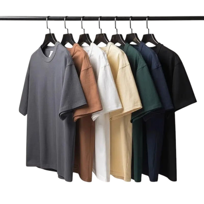 COMFORT crew neck short sleeve t-shirts in a multipack, featuring grey, brown, white, yellow, green, navy, and black.