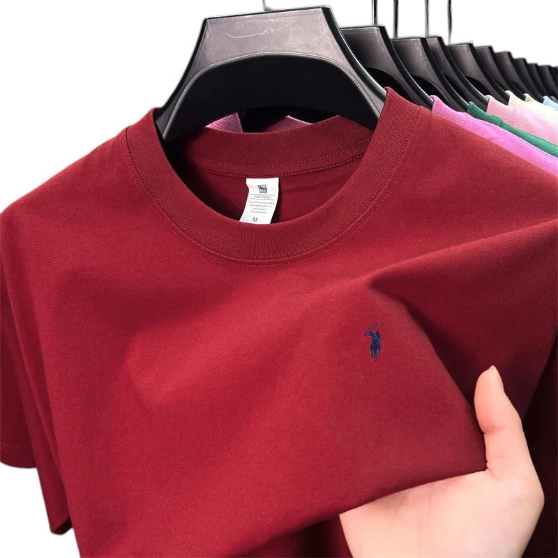 COMFORT crew neck short sleeve t-shirt in dark red cotton blend with embroidered logo on chest.