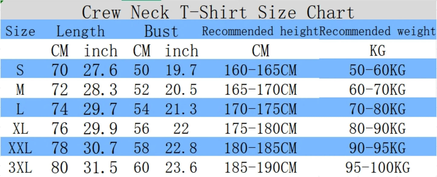 COMFORTH Crew Neck T-Shirt Size Chart with Size, Length, Bust, Recommended Height, and Recommended Weight.
