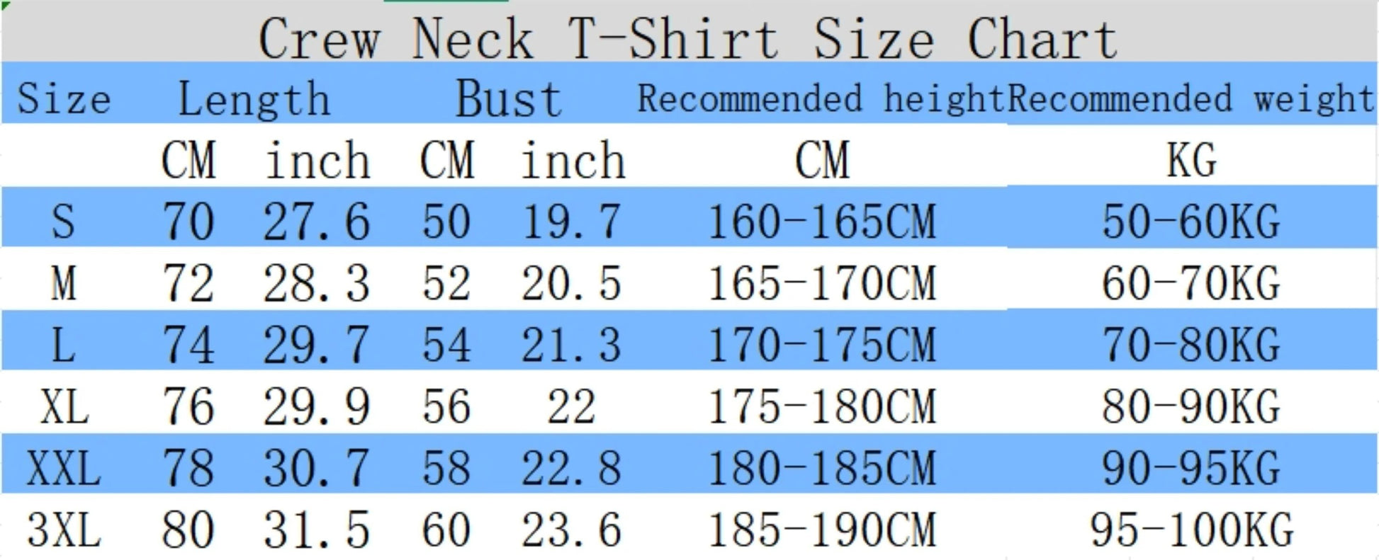 COMFORTH Crew Neck T-Shirt Size Chart with Size, Length, Bust, Recommended Height, and Recommended Weight.