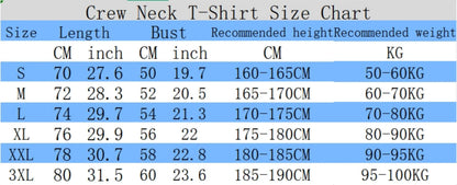 COMFORTH Crew Neck T-Shirt Size Chart with Size, Length, Bust, Recommended Height, and Recommended Weight.