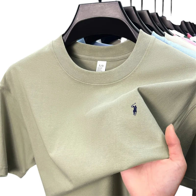 COMFORT crew neck short sleeve t-shirt in light green, made of cotton blend with embroidered logo on chest.