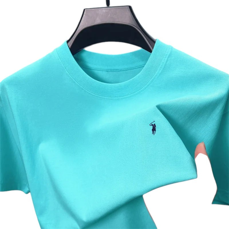 COMFORT crew neck short sleeve t-shirt in bright turquoise blue cotton blend with embroidered navy logo on chest.