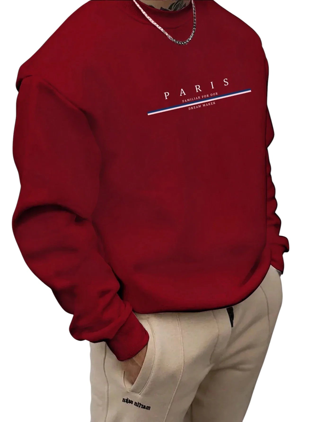 COMFORTHere crewneck sweatshirt in deep red with "PARIS" graphic design and tagline. Soft fabric, relaxed fit.