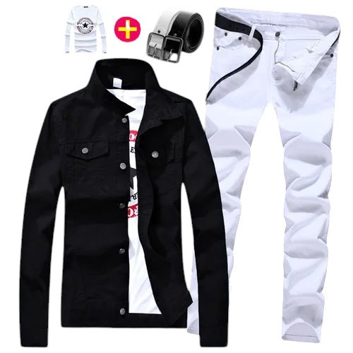 COMFORTH men's black denim jacket and white denim pants set with t-shirt and belt. Jacket has chest pockets and sleeve lettering.