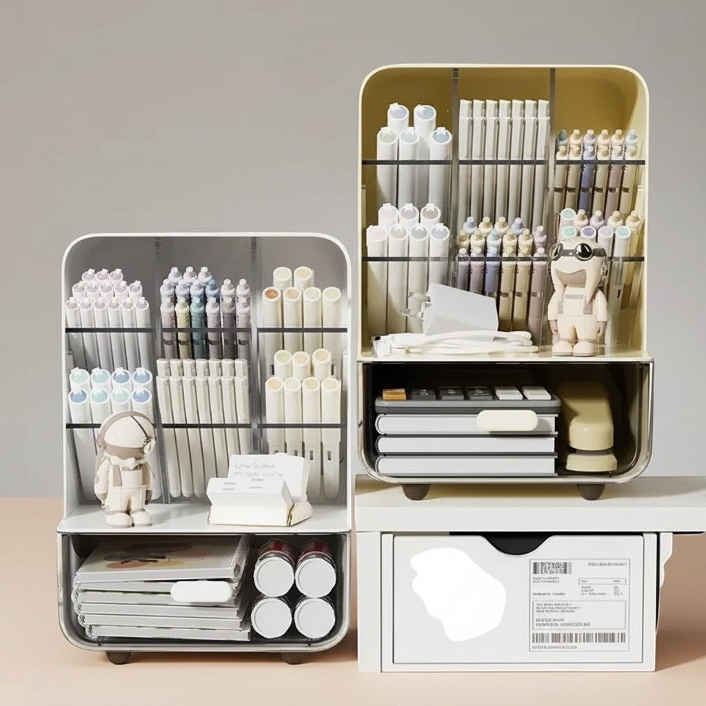 COMFORTH desk organizer with multiple compartments and drawers, holding pens, markers, notebooks, and a calculator.