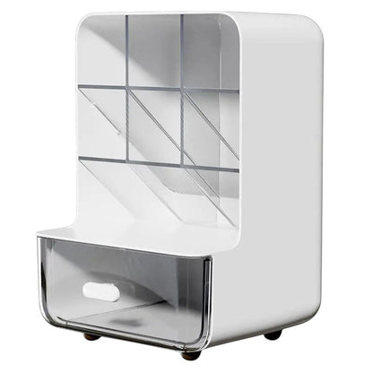 COMFORTH white desk organizer with multiple compartments and a clear drawer for stationery and office supplies.