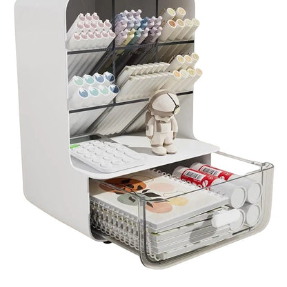 COMFORTH white multi-compartment desk organizer with drawers, holding pens, markers, calculator, notebooks, and glue sticks.