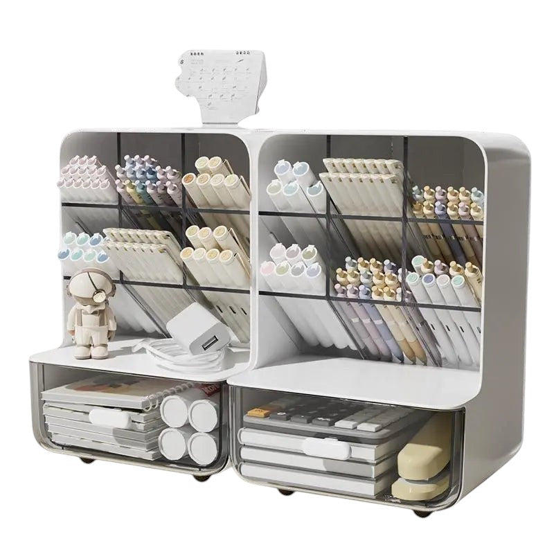 COMFORTH white desk organizer with multiple compartments and drawers, holding pens, markers, and stationery.