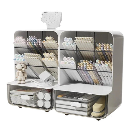 COMFORTH white desk organizer with multiple compartments and drawers, holding pens, markers, and stationery.