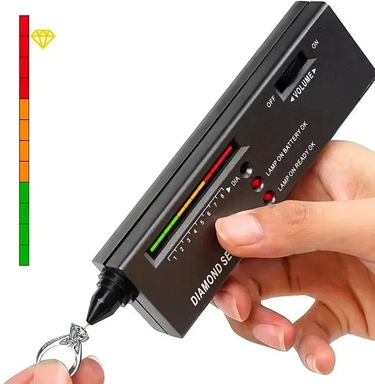COMFORTH professional diamond tester pen with LED display and audio indicators, testing a ring.