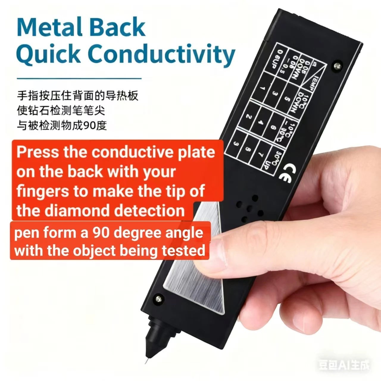 COMFORTH professional diamond tester pen with LED display, used for jewelry inspection. Black plastic.