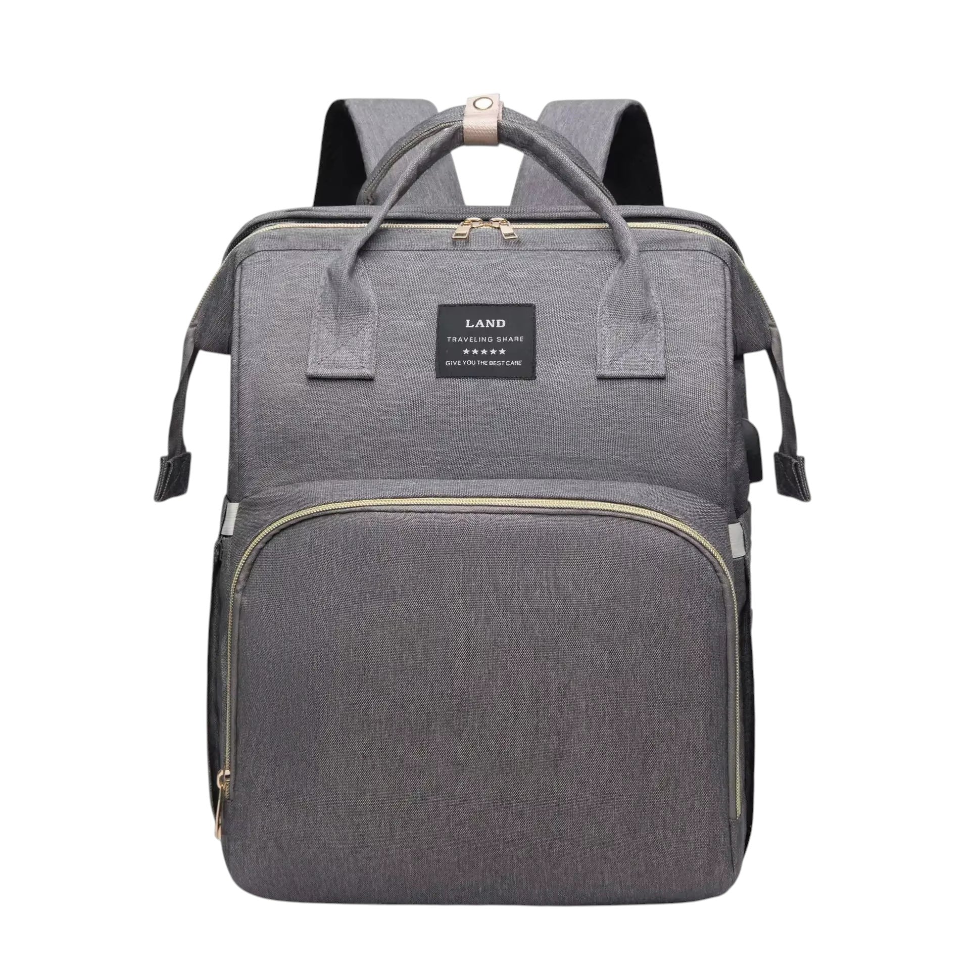 COMFORT grey fabric diaper bag backpack with bassinet, multiple compartments and insulated pockets.