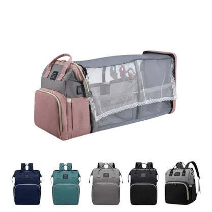 COMFORT Diaper Bag Backpack with Bassinet, grey and pink, expandable, portable, water-resistant fabric, multiple compartments, insulated pockets, changing pad pocket, ergonomic straps.