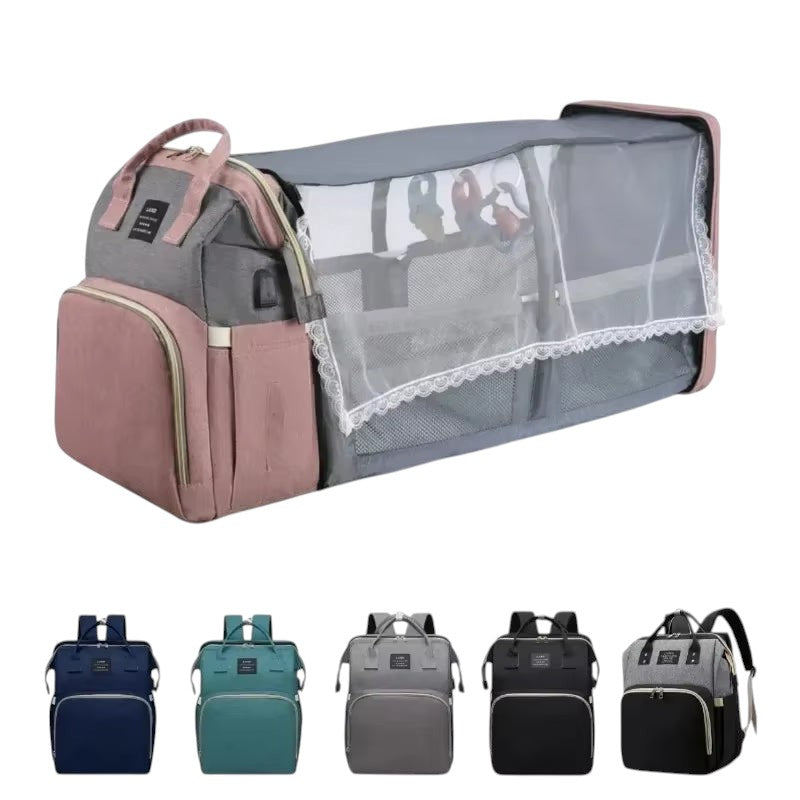COMFORT Diaper Bag Backpack with Bassinet, grey and pink, expandable, with mesh canopy and toys