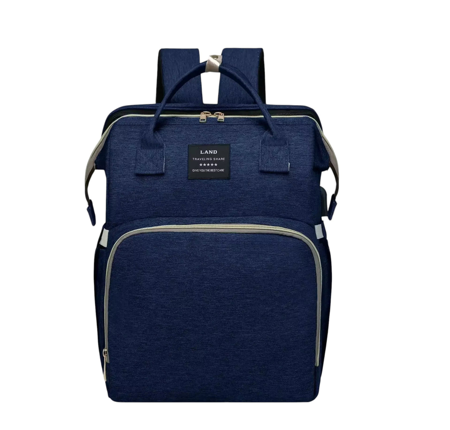 COMFORT navy blue diaper bag backpack with bassinet, water-resistant fabric, multiple compartments, and ergonomic straps.
