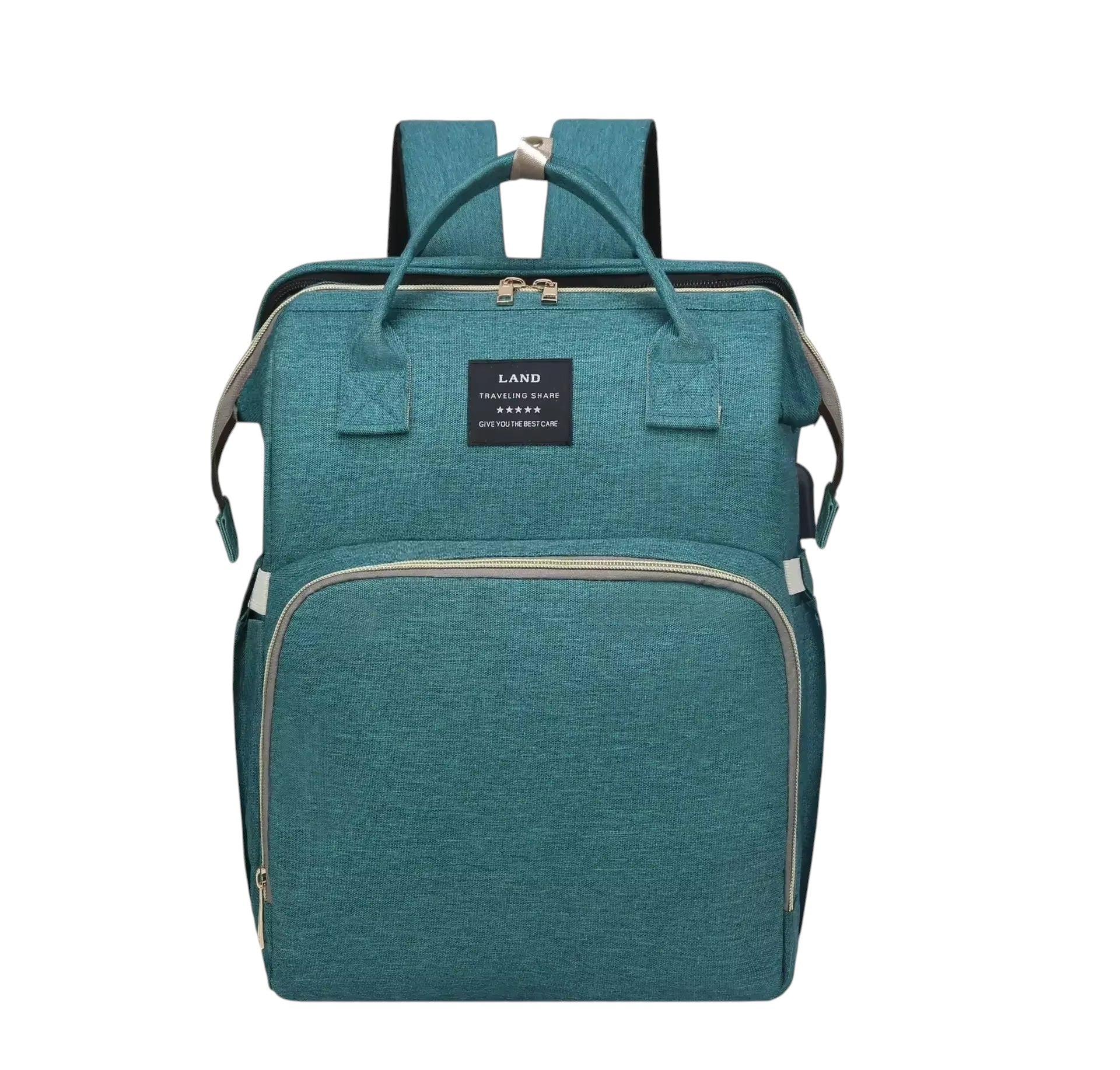 COMFORT teal green diaper bag backpack with bassinet, water-resistant fabric, multiple compartments, and padded straps.