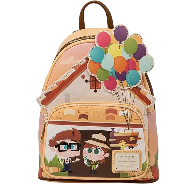 COMFORTH Disney Pixar Up house mini backpack with Carl and Russell, colorful balloons, and a train cart.