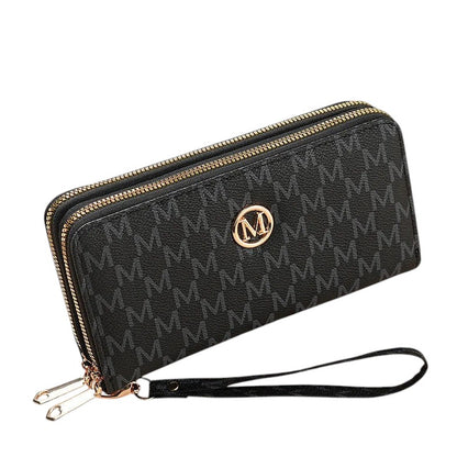 COMFORTH Double Zip Wristlet Wallet in black faux leather with all-over monogram and gold emblem. Features multiple card slots and detachable strap.
