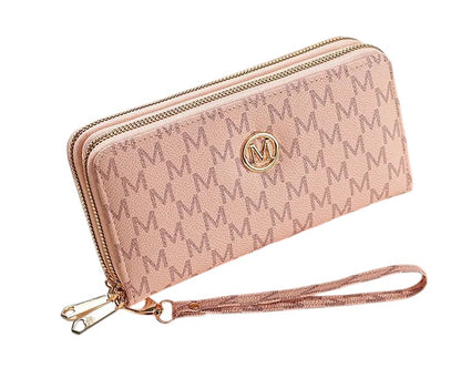 COMFORTH Double Zip Wristlet Wallet in pink faux leather with all-over monogram pattern and gold emblem. Features multiple card slots and detachable strap.