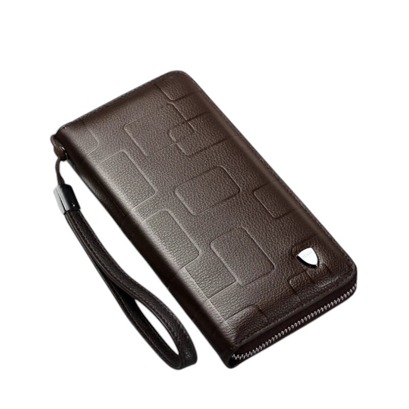 COMFORT dark brown textured faux leather double zipper wristlet wallet organizer with embossed geometric pattern and detachable strap.