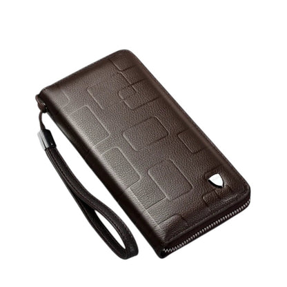 COMFORT dark brown textured faux leather double zipper wristlet wallet organizer with embossed geometric pattern and detachable strap.