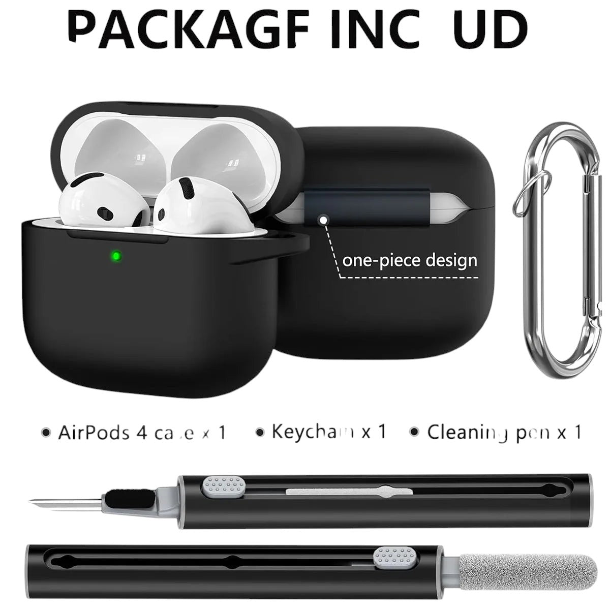 COMFORTH black silicone earbud charging case with keychain and cleaning pen. Case holds white earbuds.
